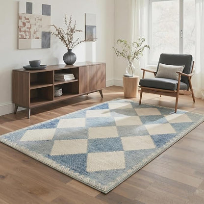 GENIMO Outdoor & Indoor Area Rug 5'x7', Waterproof, Non-Shedding, Easy Cleaning, Diamond Check Mat for Patio, Entryway, Porch, Living Room, Bedroom, Outside Carpet, Dusty Blue