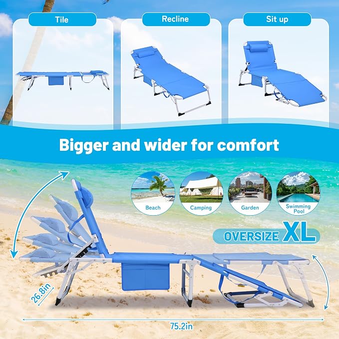 3-in-1 Oversized Sun Tanning Chair with Mat & Face Hole, Heavy Duty Folding Chaise Lounge - 5-Position Adjustable Outdoor Chair for Beach, Pool, Patio, Lawn, Yard - Includes Pillow