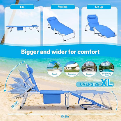 3-in-1 Oversized Sun Tanning Chair with Mat & Face Hole, Heavy Duty Folding Chaise Lounge - 5-Position Adjustable Outdoor Chair for Beach, Pool, Patio, Lawn, Yard - Includes Pillow