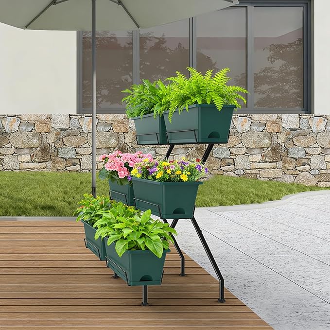 Vertical Raised Garden Bed 3 Tier Vertical Garden Planter with 6 Container Boxes Indoor Outdoor Standing Herb Planter with Drainage Holes Removable Tray for Small Space Patio Balcony Porch, Green
