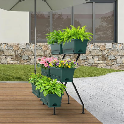 Vertical Raised Garden Bed 3 Tier Vertical Garden Planter with 6 Container Boxes Indoor Outdoor Standing Herb Planter with Drainage Holes Removable Tray for Small Space Patio Balcony Porch, Green
