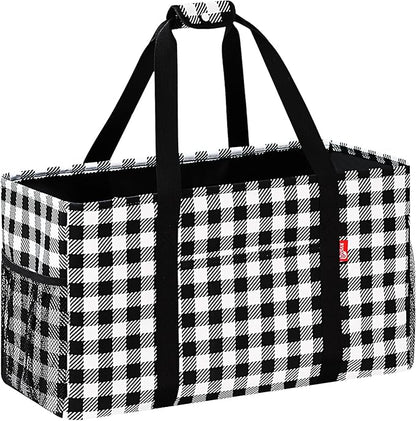 Extra Large Utility Tote Bag, Foldable Reusable Grocery Bags with Metal Wire Frame & Reinforced Bottom Board, Stand up Large Utility Tote for Groceries, Beach Bag, Laundry, Car (Cube Plaid)