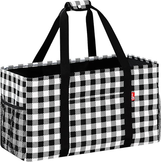 Extra Large Utility Tote Bag, Foldable Reusable Grocery Bags with Metal Wire Frame & Reinforced Bottom Board, Stand up Large Utility Tote for Groceries, Beach Bag, Laundry, Car (Cube Plaid)