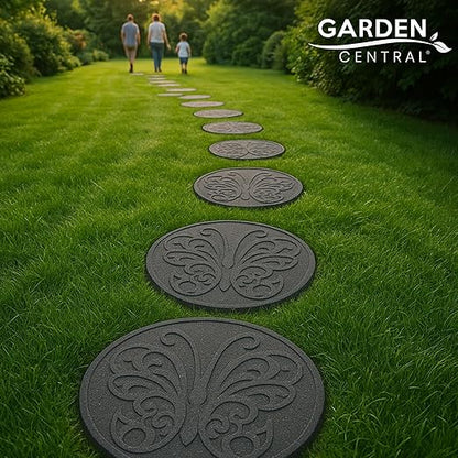 TierraVerde 4-Pack 18”x18” Fake Butterfly Rubber Stepping Stones, Round, Grey – Reversible Non-Slip Outdoor Faux Decorative Set for Landscaping – DIY Decor for Walkways & Yard Pathways