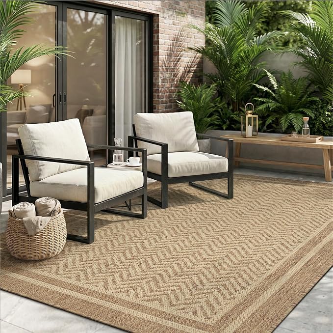 MontVoo-Outdoor Rug-Patio Rug 9x12 Polypropylene Indoor Outdoor Rugs Outdoor Carpet for Patio Deck Balcony Porch, Textured Weave, Durable for High Traffic, Fade-Resistant, Boho Farmhouse Neutral Brown