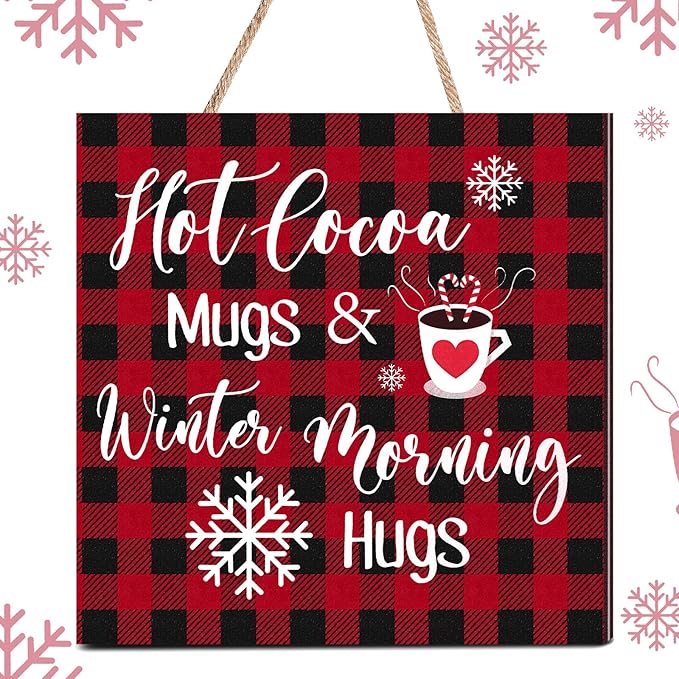 Blulu Christmas Hanging Wooden Sign Christmas Coffee Bar Decor Wood Candy Cane Hot Cocoa Sign Door Hanging Plaque for Xmas Winter Holiday Kitchen Home Wall Decoration(Plaid)