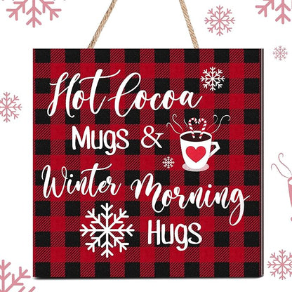 Blulu Christmas Hanging Wooden Sign Christmas Coffee Bar Decor Wood Candy Cane Hot Cocoa Sign Door Hanging Plaque for Xmas Winter Holiday Kitchen Home Wall Decoration(Plaid)