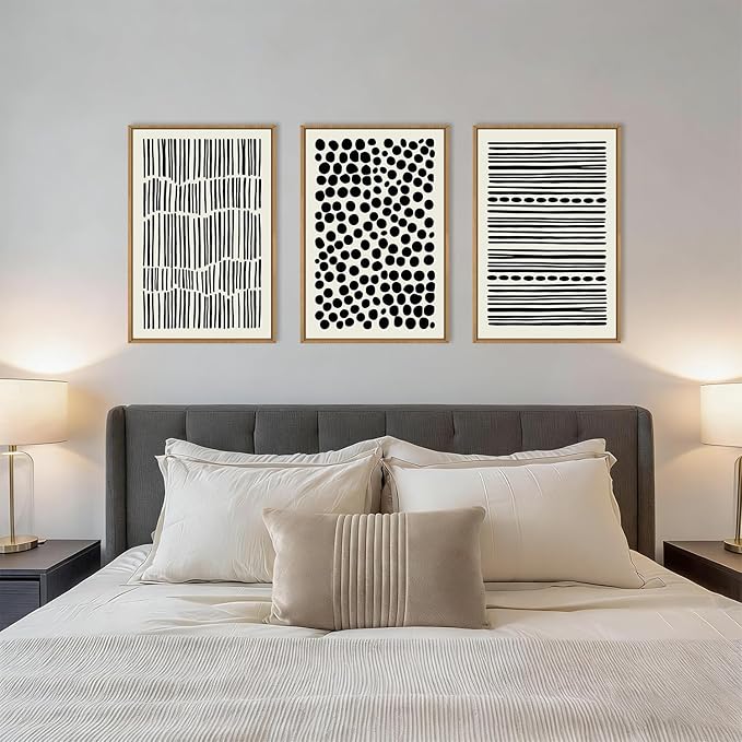 KAIRNE Abstract Black and White Framed Canvas Wall Art Set, Modern Geometric Wall Decor, Minimalist Line Art Prints, Neutral Boho Dots Artwork for Living Room, Bedroom, Farmhouse, Office -24"x36"x3