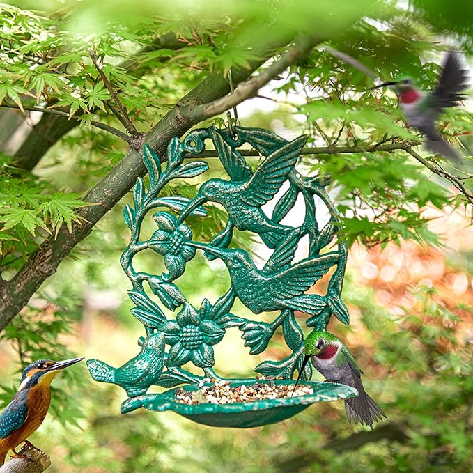 Sungmor Cast Iron Wall Mounted Bird Feeder, Cute Hummingbird Decor Small Water Bath, Wall Hanging Fence Bird Bath Feeder, Beautiful Green Birdfeeder for Garden Backyard Patio Wall Decoration