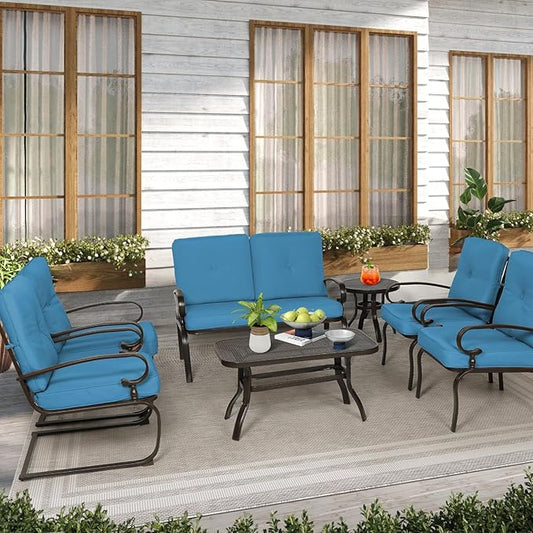7-Piece Outdoor Metal Furniture Sets Patio Conversation Set, Wrought Iron Loveseat, 2 Dining Chairs, 2 Spring Chairs and Coffee Table, Peacock Blue
