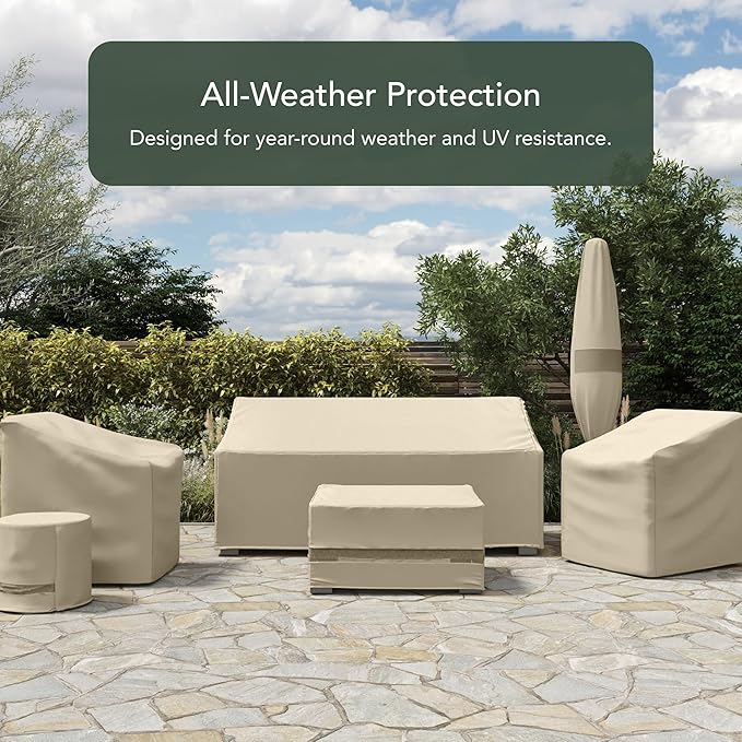 Covermates Elite Outdoor Patio Sofa Cover – Water-Resistant 300D Polyester, Double-Stitched Seams, Elastic Hem, Auto-Locking Drawcord & Mesh Vent for Moderate Weather, 76W x 36D x 36H, Khaki