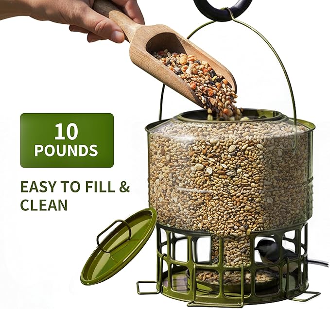 Solution4Patio Bird Feeder, 10LB Powder Coated Metal Wild Birdfeeder with 32 Feeding Stations & Triple Perches, Rust-Proof Hanging Design for Cardinals, Finches and Outdoor Garden Use (Glazed Green)