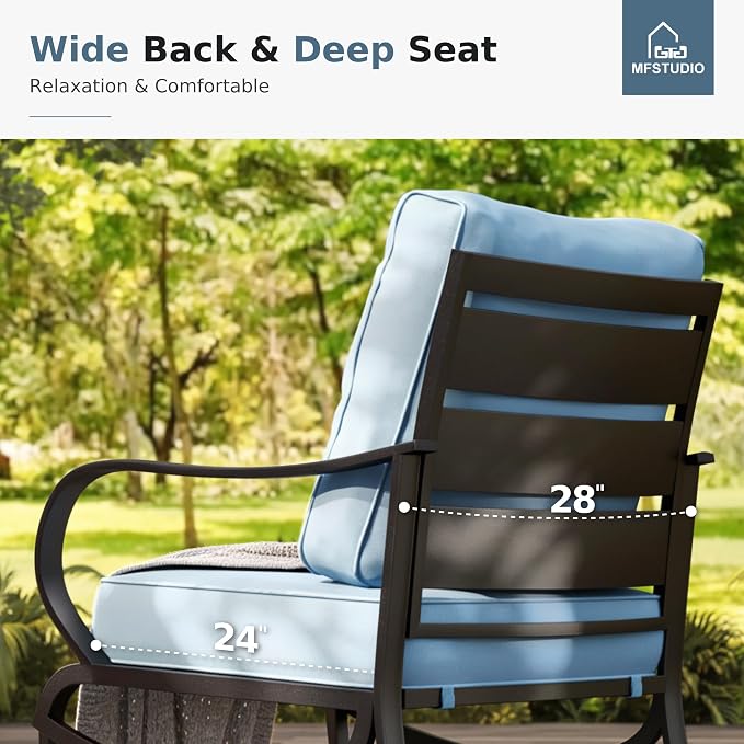 MFSTUDIO 4 Pieces Patio Conversation Sets(5 Seat),Outdoor Metal Furniture Sofas with 1 Loveseat(3 Seat), 2 Single Chairs,1 Coffee Table,Wrought Iron with Blue Cushion for Patio Courtyard Balcony