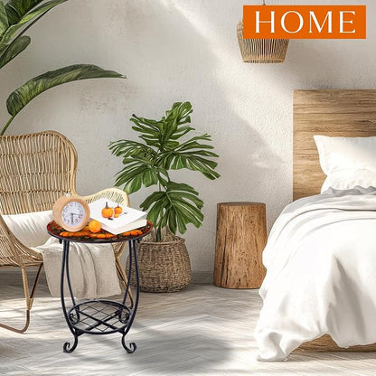 Cinnvoice Outdoor Side Table Round Small Mosaic Patio Accent Indoor End Plant Coffee Tea Table for Yard Patio Porch Garden Living Room, Bedroom(Pumpkin Style,14 Inch)