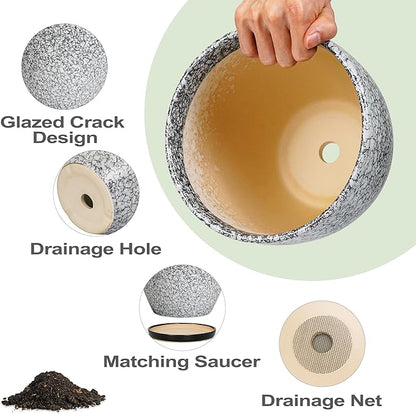 10 Inch Plant Pot - Ceramic Planter for Indoor Outdoor, Round Large Plant Pots, Modern Planter with Drainage Hole and Tray, Home Room Office Garden Decor, Gifts for Women Men, White-Black