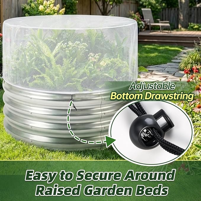 2 Pack Garden Netting Cover for 2 FT Dia x 1 FT H Round Raised Beds, Fine Mesh Plant Cover with Drawstring, Raised Bed Bug & Bird Barrier Screen for Vegetables, Herbs and Flowers