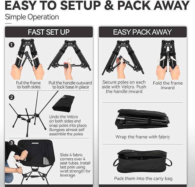 MARCHWAY Lightweight Folding Camping Chair with Spring Lock, Stable Compact Portable for Outdoor Camp, Travel, Beach, Picnic, Festival, Hiking, Backpacking (Lowback Black)