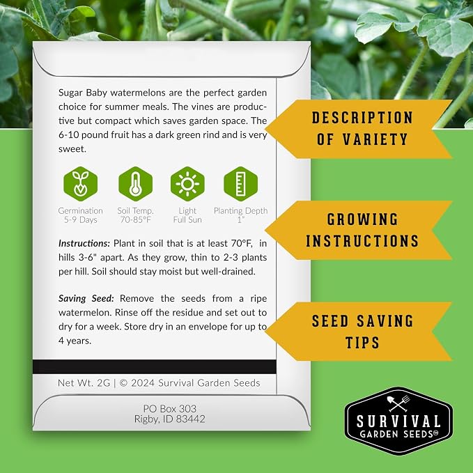 Sugar Baby Watermelon Seeds - Grow Little Round Icebox Watermelons at Home - Non-GMO Heirloom Variety for Planting - Survival Garden Seeds (5 Pack)