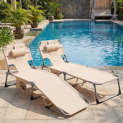 Goplus Tanning Chair, Folding Adjustable Patio Lounge Chair with Face Hole, Removable Pillow, 330LBS, Carry Strap, Outdoor Sunbathing Chair, Lightweight Portable Beach Lounge Chair (1, Beige)