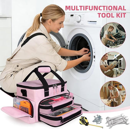 Pink Tool Bag for Women with 2 Clear Pouches, 12-inch Tool Storage Organizer, Double Layer Tool Box for Electrician, Carpenters, Repairman, Pink