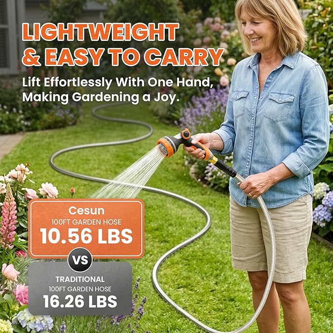 Cesun 100 ft Metal Garden Hose, Stainless Steel Heavy Duty Water Hose With 10 Function Nozzle, No Kink & Flexible, Lightweight and Durable, Rust Proof for Yard, RV, Pet Bath, Outdoor, 100 foot x 5/8"