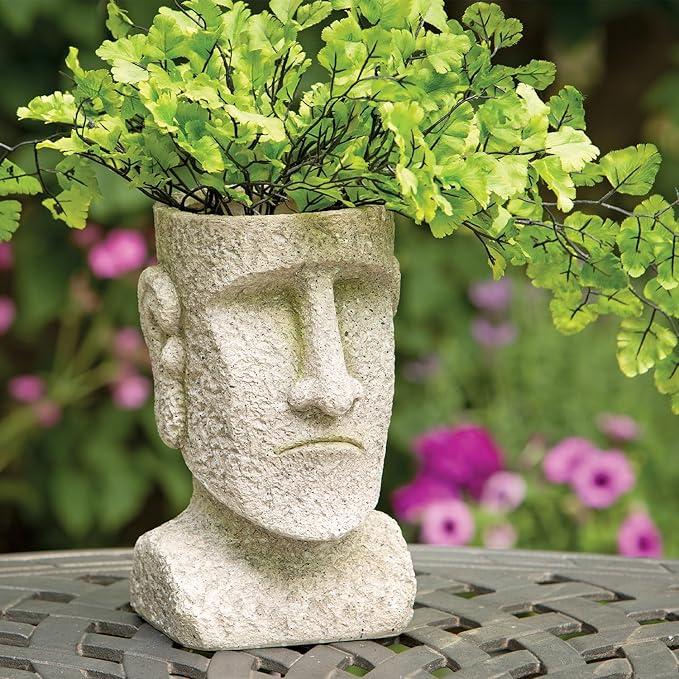 Bits and Pieces - Easter Island Head Statue Planter - Large Garden Decorations - Polyresin Sculpture - Indoor/Outdoor Moai Statue Planter - Moai Head Urn for Plants - 8.75" Tall