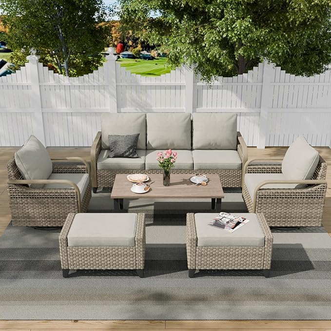 COOS BAY Modern Wicker Outdoor Furniture Set, Patio Conversation Set with Swivel Rockers, 3 Seat Couch, Ottomans, and Coffee Table, 6 Piece, Brown/Gray