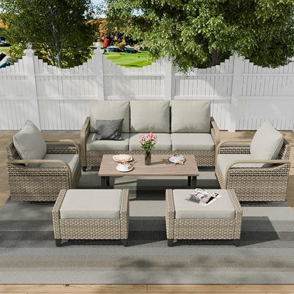 COOS BAY Modern Wicker Outdoor Furniture Set, Patio Conversation Set with Swivel Rockers, 3 Seat Couch, Ottomans, and Coffee Table, 6 Piece, Brown/Gray