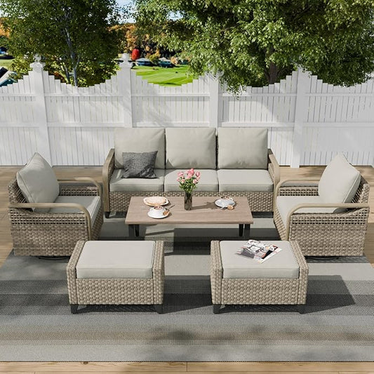 COOS BAY Modern Wicker Outdoor Furniture Set, Patio Conversation Set with Swivel Rockers, 3 Seat Couch, Ottomans, and Coffee Table, 6 Piece, Brown/Gray