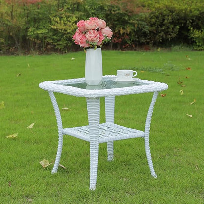 VIVIJASON Outdoor Wicker Side Table, All-Weather Rattan Patio Side Table Bistro Table with 2-Tier, Tempered Glass Top Square End Table for Indoor, Balcony, Garden, Porch, Deck, White