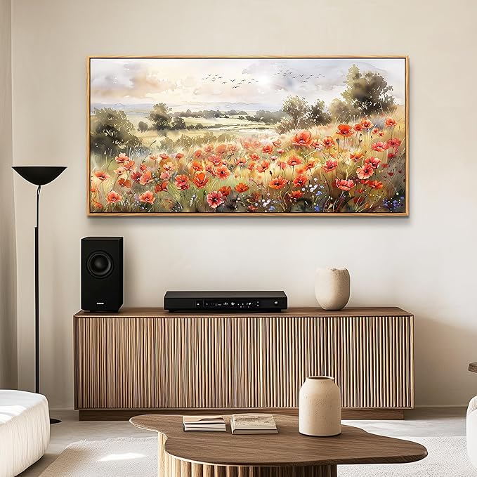 QIYILEXWART Canvas Wall Art For Living Room Wall Decor For Bedroom Office Wall Decoration Red Blooms Field Landscape Painting Farmhouse Pictures Artwork Room Aesthetic Home Decor 20x40 In