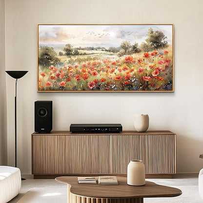 QIYILEXWART Canvas Wall Art For Living Room Wall Decor For Bedroom Office Wall Decoration Red Blooms Field Landscape Painting Farmhouse Pictures Artwork Room Aesthetic Home Decor 20x40 In