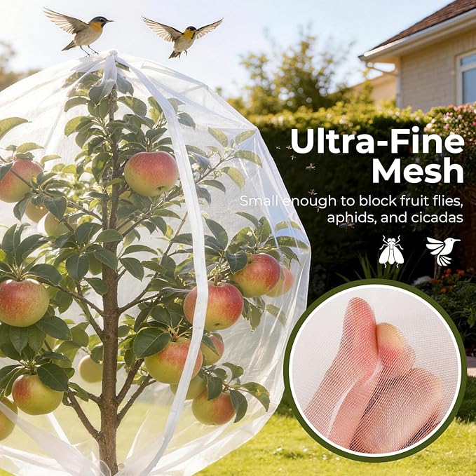 Fruit Tree Netting Cover with Zipper & Drawstring, 2 Packs 10ft x 10ft Insect Bird Barrier Netting for Garden Protection, Ultra Fine Mesh Garden Netting Pest Barrier, Extra Large