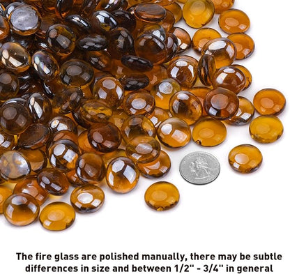 Skyflame 10-Pound Fire Glass Beads for Fire Pit Fireplace, 1/2-Inch Size Caramel Reflective Decorative Blended Fireglass Drops for Landscaping