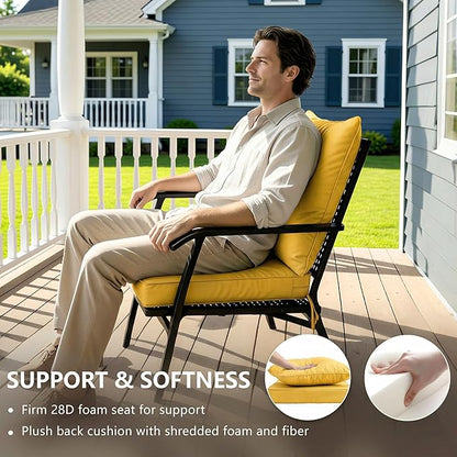 22x22 Inch Patio Chair Cushions Set of 2, Outdoor Furniture Cushions - Removable Cover, Water-Repellent, Fade-Resistant, Non-Slip Bottom & Straps, Replacement for Lawn, Porch & Deck Chair - Yellow