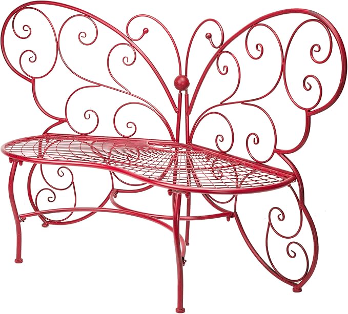 Alpine Corporation 62" x 26" Outdoor 2 Person Metal Butterfly Shaped Garden Bench, Red