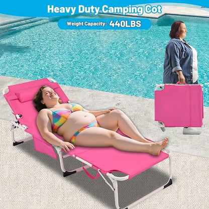 Outdoor Chaise Lounge with Detachable Pillow, Reclining Folding Chair with 5-Position Adjustable Back, Portable Tanning Chair For Beach, Pool, Lawn, Breathable Mesh Seat, No Assembly (Pink 2)
