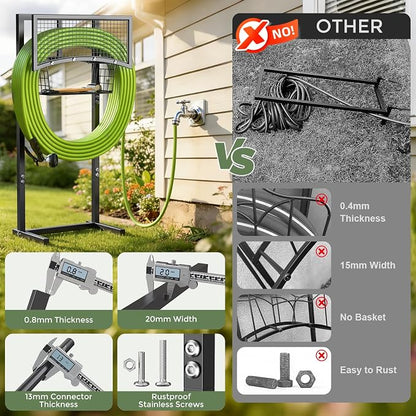 Garden Hose Holder Freestanding with Storage Basket, Holds Up to 165FT Hose, Heavy Duty Metal Water Hose Holder with 4 Anchor Spikes, for Yard, Lawn & Patio