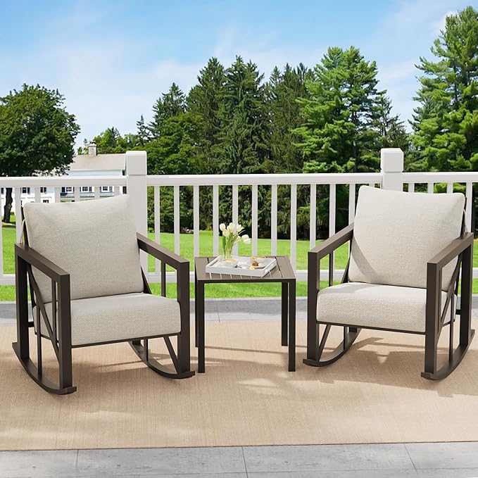 TOLEAD Outdoor Rocking Chair Set, 3 Piece Rocking Patio Furniture Set, Outdoor Patio Furniture Set with 2 Rockers and 1 Table, Patio Rocking Chair Set for Backyard, Porch, Poolside