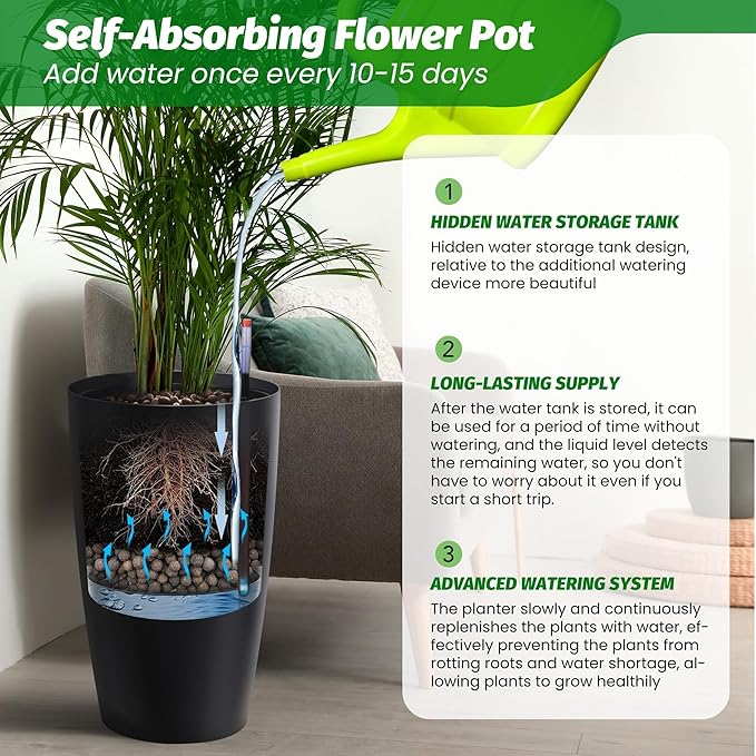 22" Tall Planter Set of 2, Self-Watering Pots, Large Plastic Flower Pots with Drainage & Water Level Monitor, Indoor Outdoor Use for Patio, Porch, Living Room, Office, White & Black