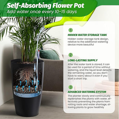 22" Tall Planter Set of 2, Self-Watering Pots, Large Plastic Flower Pots with Drainage & Water Level Monitor, Indoor Outdoor Use for Patio, Porch, Living Room, Office, White & Black