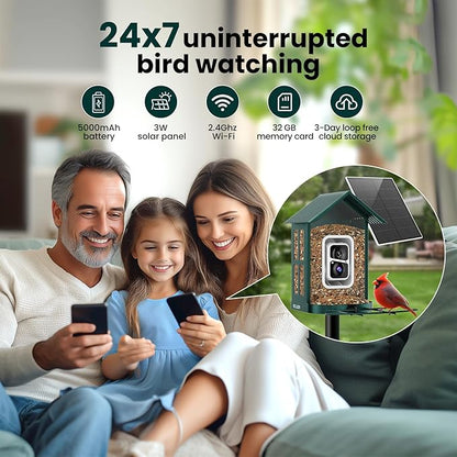 SOLIOM Solar Bird Feeder with Camera for Outdoors - Durable Metal AI Smart Birdhouse, 2K Live View & Instant Alerts, Squirrel Proof - Ideal Bird Watching Gift (Green)