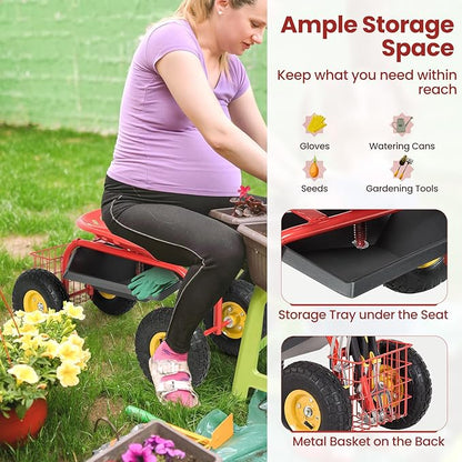 Goplus Garden Seat with Wheels, Rolling Garden Cart with Adjustable 360° Swivel Seat, Tool Tray, Basket for Lawn, Yard, Patio, Heavy Duty Gardening Stool, Outdoor Wagon Scooter for Seniors