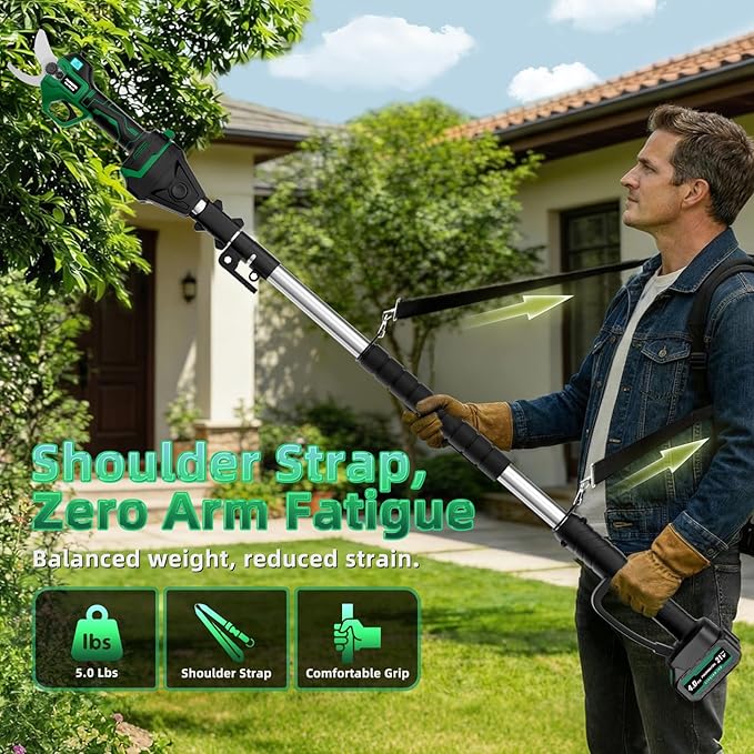 2.5" Cutting Diameter, 2-in-1 Pole Electric Pruning Shears - Brushless Motor, 15ft Reach,21V Dual 4.0Ah Batteries, Extra Sk7 Blade, Stainless Steel Pole, 2 Modes Adjustable for Tree & Flower