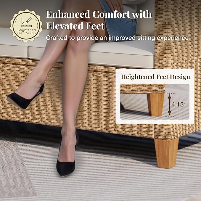 Wicker Outdoor Patio Furniture Set 3 Pieces Patio Chaise Longue Conversation Set, Rattan L-Shaped Sofa Couch with Acacia Wood Coffee Table for Deck Porch and Garden