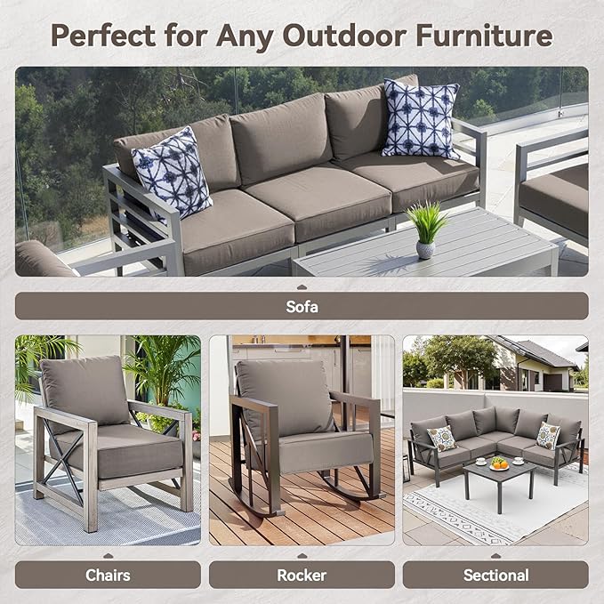 Luxury 6" Outdoor Cushions for Patio Furniture, 24x24x6" Thick Seat Cushion Set of 5, Fade Resistant Couch Chair Replacement Cushions High Density Deep Wicker Chair Cushion w/ Removable Cover Gray