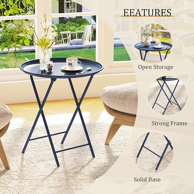 Garden 4 you Folding TV Tray Table, Metal Round Side Table, Blue Dinner Table with Metal Frame, Modern Outdoor Tray Table for Living Room, Bedroom, Patio & Small Spaces, 1 Pack