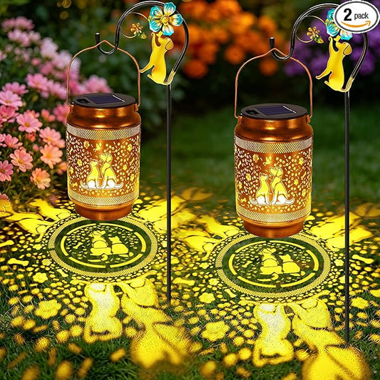 2 Pack Dog Solar Lanterns Outdoor Waterproof Solar Garden Decor, Birthday Gifts for Mothers Day Women Mom Grandma, Metal Hanging Lights with Shepherd Hook for Outside Yard Patio Pathway Backyard