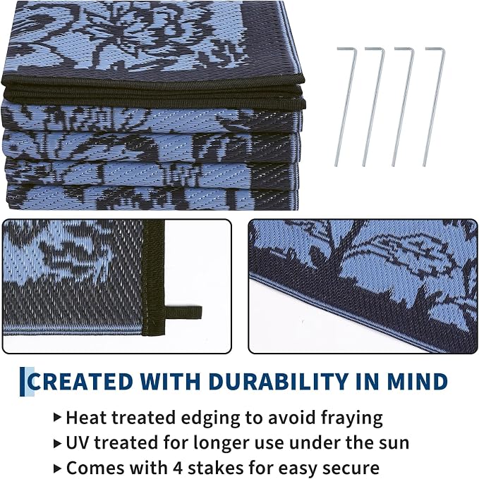 Garvee Outdoor Rugs 8’x10’ Waterproof Reversible Mats, Large Area Plastic Straw Rug, Outside Carpet, Butterfly Floral Rv Mat for Patio Camping Picnic Backyard Deck Balcony Porch Beach Trailer