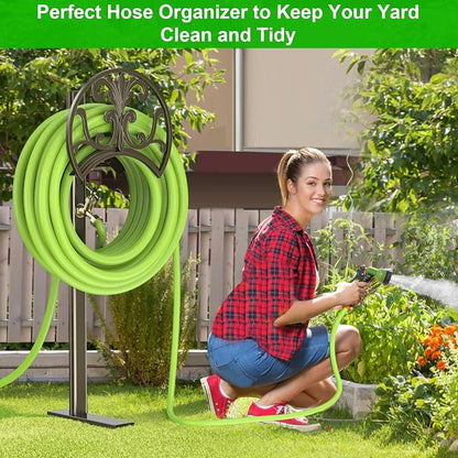 GOFORWILD Garden Hose Stand with Brass Faucet, Detachable Heavy Duty Water Hose Holder, Freestanding Metal Hose Reel Decorative Storage Hanger Holds 150-Feet Hose for Outside Patio Lawn Yard